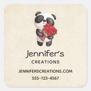 Niedlicher Panda-Bär mit Rose Bouquet-Geschäft Quadratischer Aufkleber