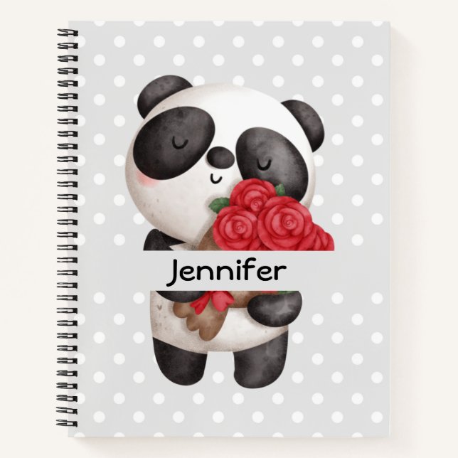 Niedlicher Panda-Bär mit Rose Bouquet Notizbuch (Vorderseite)
