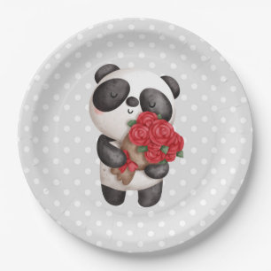 Niedlicher Panda-Bär mit Rose Bouquet Pappteller