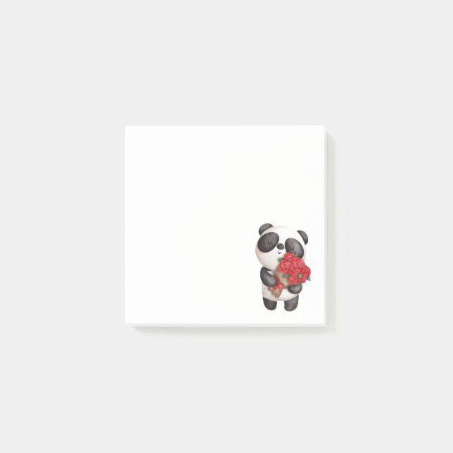 Niedlicher Panda-Bär mit Rose Bouquet Post-it Klebezettel (Vorderseite)
