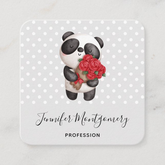 Niedlicher Panda-Bär mit Rose Bouquet Quadratische Visitenkarte (Vorderseite)