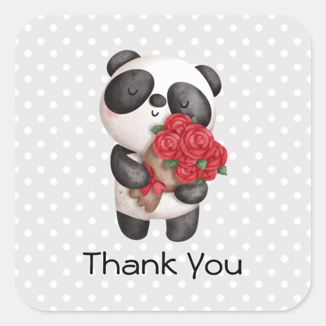 Niedlicher Panda-Bär mit Rose Bouquet Quadratischer Aufkleber (Vorderseite)