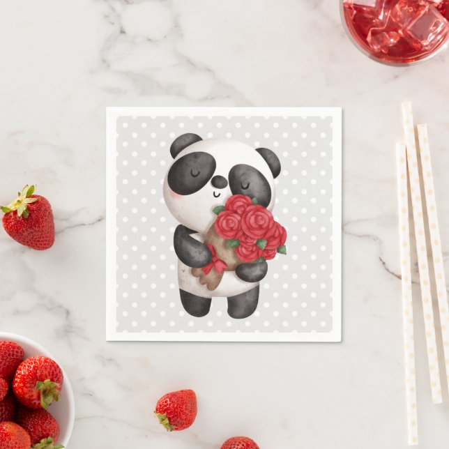 Niedlicher Panda-Bär mit Rose Bouquet Serviette (Beispiel)