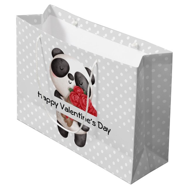 Niedlicher Panda-Bär mit Rose Bouquet Valentine Große Geschenktüte (Vorderseite Schrägansicht)
