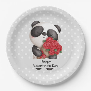 Niedlicher Panda-Bär mit Rose Bouquet Valentine Pappteller