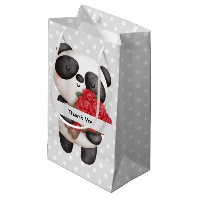 Niedlicher Panda-Bär mit Rose Bouquet Vielen Dank Kleine Geschenktüte (Vorderseite Schrägansicht)