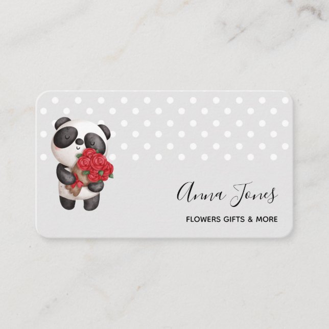 Niedlicher Panda-Bär mit Rose Bouquet Visitenkarte (Vorderseite)
