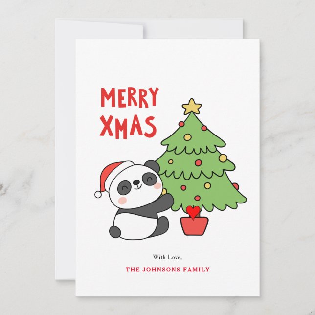Niedlicher Panda-Bär mit Weihnachtsbaum Feiertagskarte (Vorderseite)