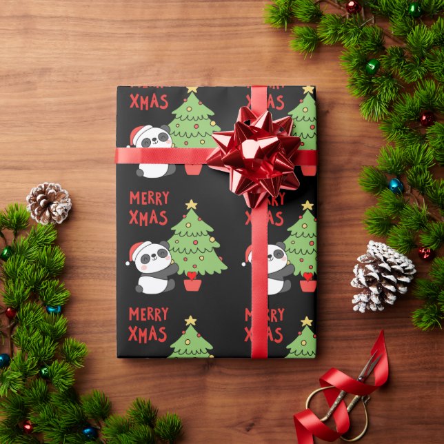 Niedlicher Panda-Bär mit Weihnachtsbaum Geschenkpapier (Feiertagsgeschenk)