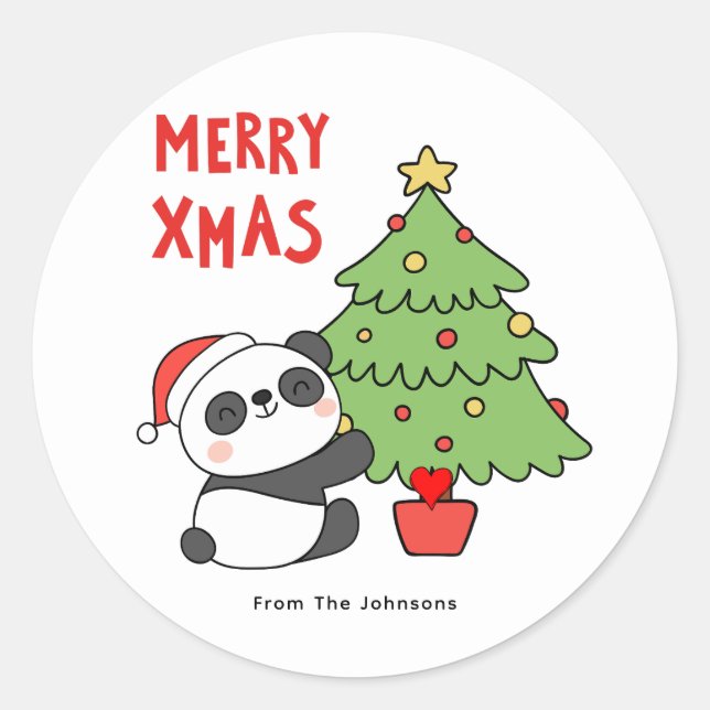 Niedlicher Panda-Bär mit Weihnachtsbaum Runder Aufkleber (Vorderseite)
