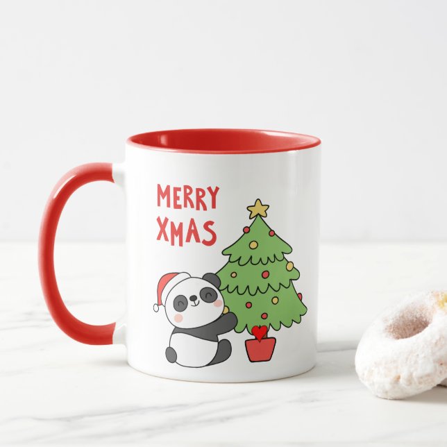 Niedlicher Panda-Bär mit Weihnachtsbaum Tasse (Mit Donut)