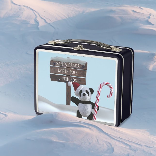 Niedlicher Panda Bär Nordpol Kinder Weihnachtsgesc Metall Brotdose (A cute panda bear carrying a candy cane & wearing a Santa Hat. Just add your name to this lunch box)
