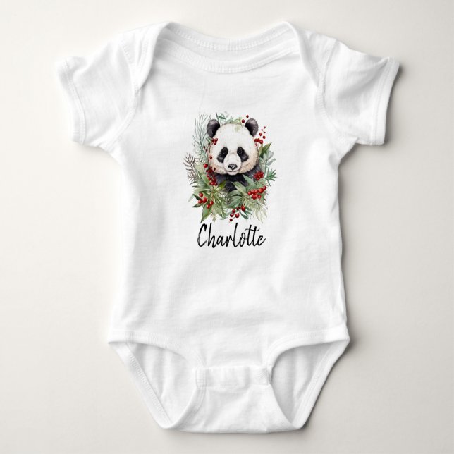 Niedlicher Panda Bär Rustikale Weihnachtsbotaniki Baby Strampler (Vorderseite)