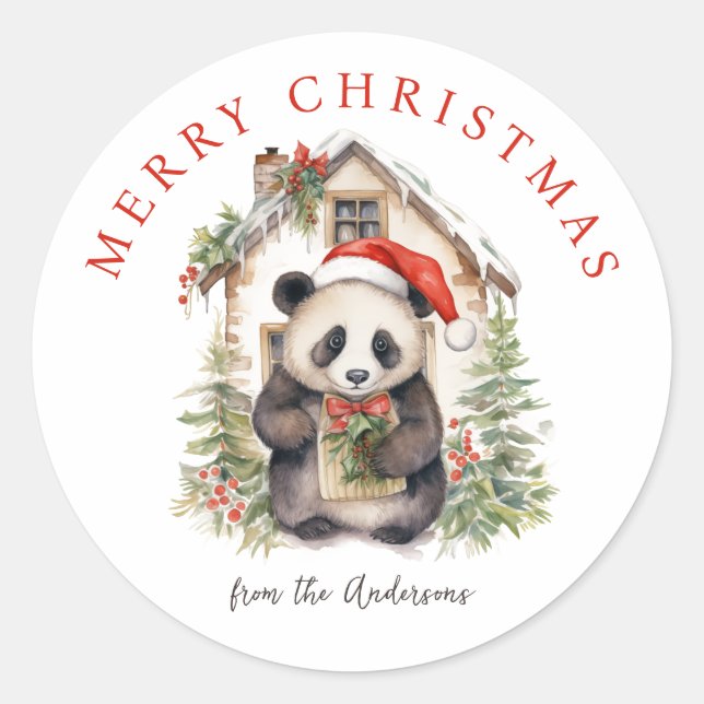 Niedlicher Panda Bär Rustikales Weihnachtshaus Runder Aufkleber (Vorderseite)