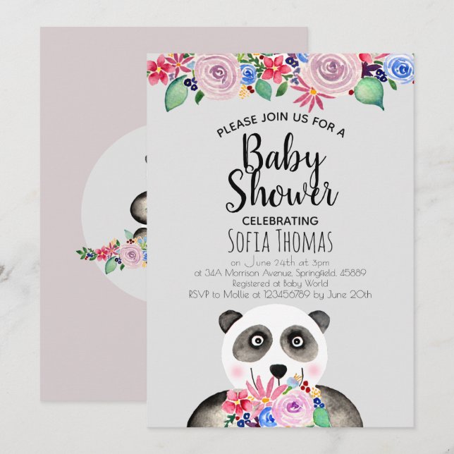 Niedlicher Panda-Bär und Blume Kinderdusche Einladung (Vorne/Hinten)
