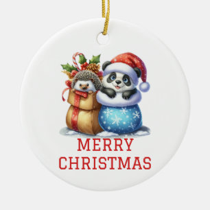 Niedlicher Panda Bär und Igel Cube Weihnachten Keramik Ornament