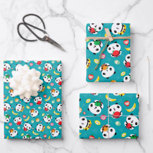 Niedlicher Panda-Bär und Kawaii-Fruchtmuster Geschenkpapier Set