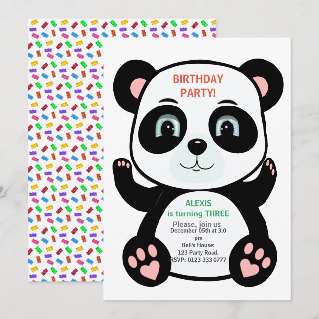 Niedlicher Panda Bär und mehrfarbige Konfetti Einladung (Vorne/Hinten)