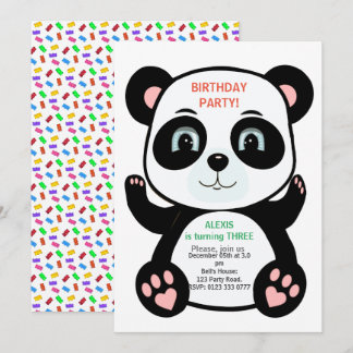 Niedlicher Panda Bär und mehrfarbige Konfetti Einladung