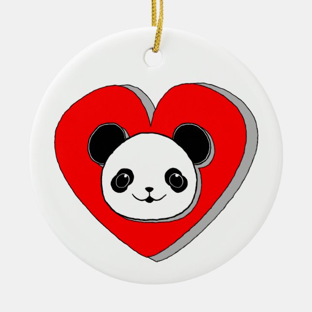 Niedlicher Panda-Bär und Rotes Herz Zeichnend Keramik Ornament (Vorne)