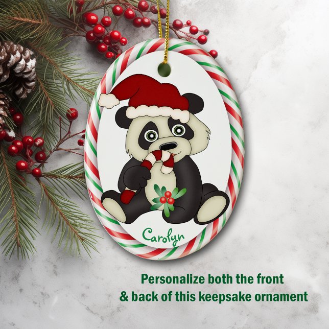 Niedlicher Panda Bären Candy Cane Rahmen Keramik Ornament (Von Creator hochgeladen)