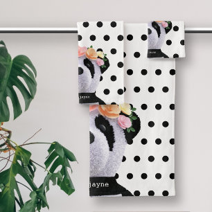 Niedlicher Panda Bärentier Schwarz/Weiß Polka Dot Badhandtuch Set