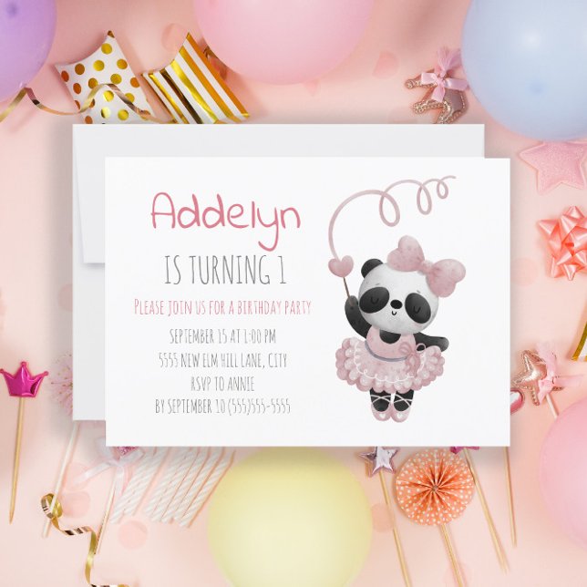 Niedlicher Panda Bear Ballerina Girl's 1. Geburtst Einladung (Von Creator hochgeladen)