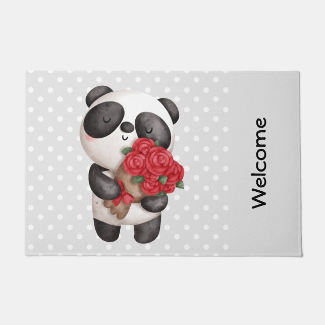 Niedlicher Panda Bear Carry Bouquet von Rose Fußmatte (Vorderseite)
