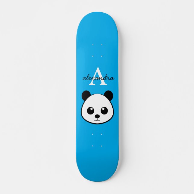 Niedlicher Panda Bear Custom Monogram Blue Backgro Skateboard (Vorne)