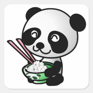 Niedlicher Panda, der Reis aus Bowl mit Chopsticks Quadratischer Aufkleber