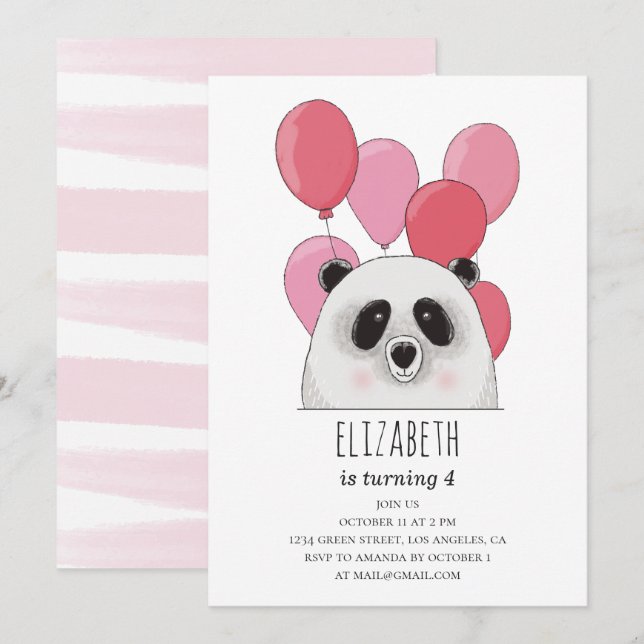 Niedlicher Panda. Hübsches Tier. Rosa Kindergeburt Einladung (Vorne/Hinten)