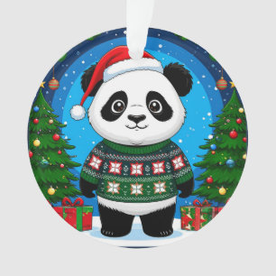 Niedlicher Panda in Weihnachtspullover trägt Santa Ornament