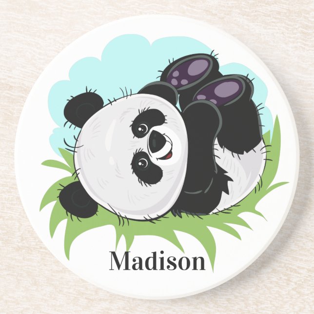 Niedlicher Panda individuelle Name Sandstein Unter Getränkeuntersetzer (Vorne)