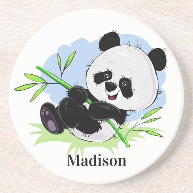 Niedlicher Panda individuelle Name Sandstein Unter Getränkeuntersetzer (Vorne)