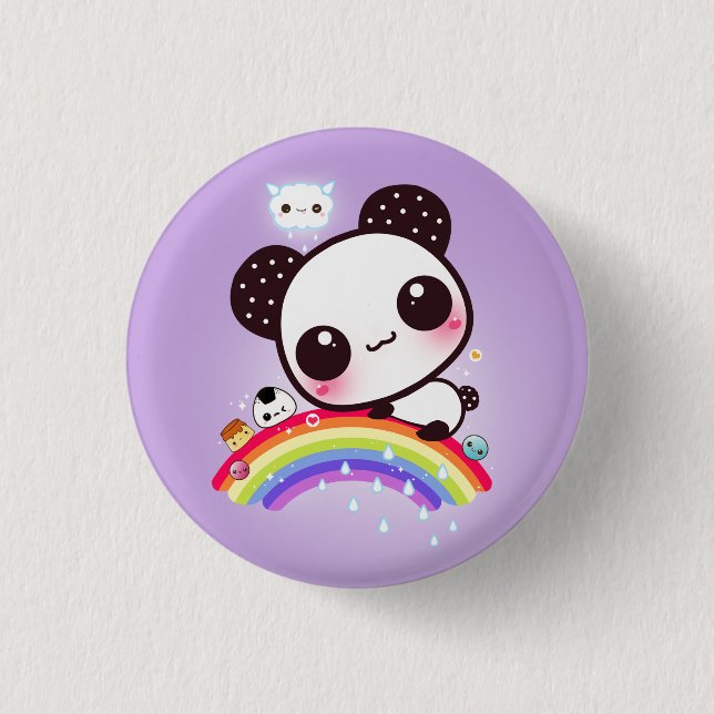 Niedlicher Panda mit kawaii Nahrung auf Regenbogen Button (Vorderseite)