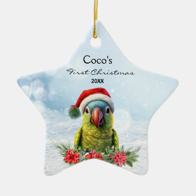 Niedlicher Papagei in Weihnachtsmannmütze Personal Keramik Ornament (Vorne)