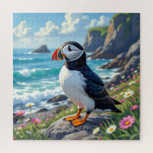 Niedlicher Papageientaucher am Meeresstrand Thema