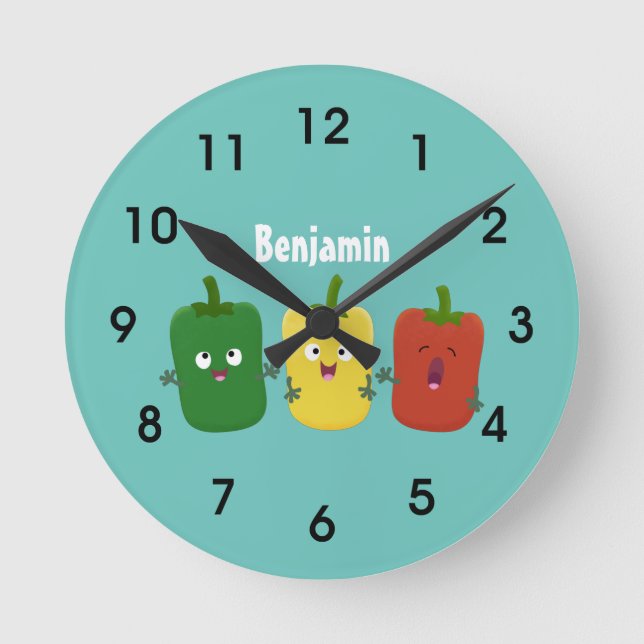 Niedlicher Paprika capsicum trio singend Cartoon Runde Wanduhr (Vorderseite)