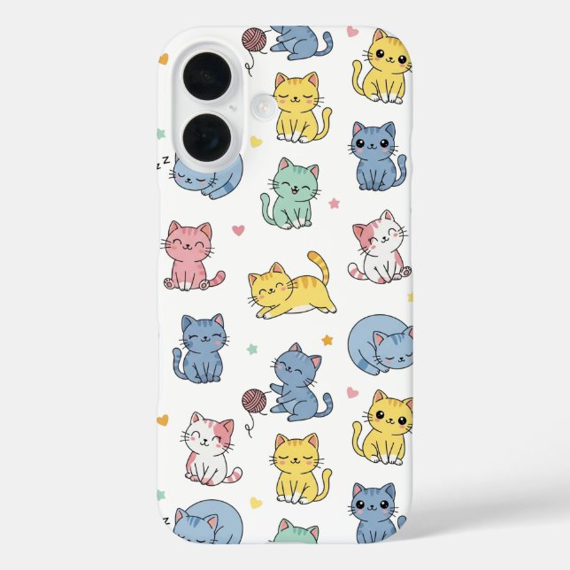 Niedlicher Pastell-Cartoon Katzen Muster-Gehäuse iPhone 16 Hülle (Rückseite)