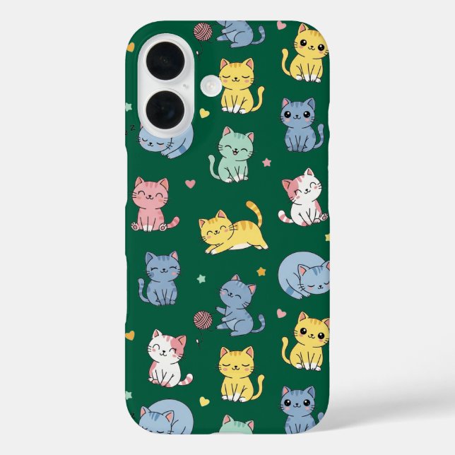 Niedlicher Pastell-Cartoon Katzen Muster-Gehäuse iPhone 16 Hülle (Rückseite)