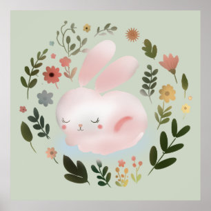 Niedlicher Pastell-Frühlingshase-Blumenkranz-Kinde Poster