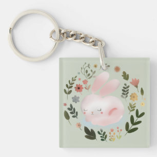 Niedlicher Pastell-Frühlingshase-Blumenkranz-Kinde Schlüsselanhänger