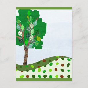 Niedlicher Patchwork Tree und Grüne Hügel Postkarte