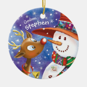 Niedlicher Patensohn, Snowman u. Rotwild, Keramik Ornament
