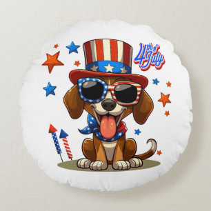 Niedlicher, patriotischer 4. Juli Hund/Welpe Rundes Kissen