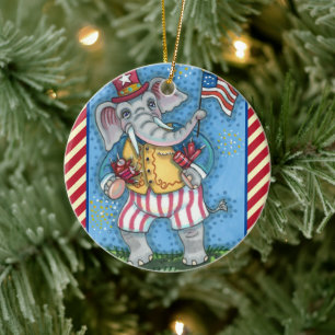 NIEDLICHER PATRIOTISCHER ELEFANG WAVING AMERIKANIS KERAMIK ORNAMENT