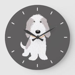Niedlicher PBGV Grauer und weißer Cartoon Haustier Große Wanduhr