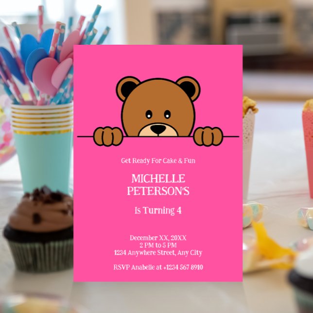 Niedlicher Peep Bär | Einfaches Cartoon auf Rosa Einladung (Von Creator hochgeladen)