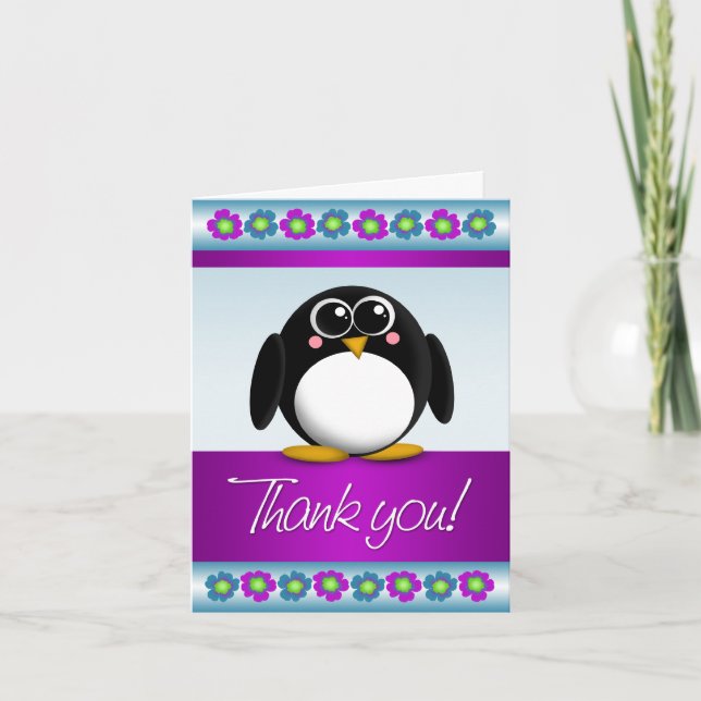 Niedlicher Penguin-bunte Blumen danken Ihnen Dankeskarte (Vorderseite)