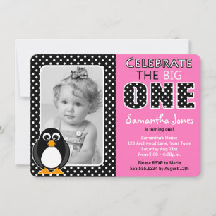 Niedlicher Penguin-erstes Geburtstags-Party-Rosa Einladung